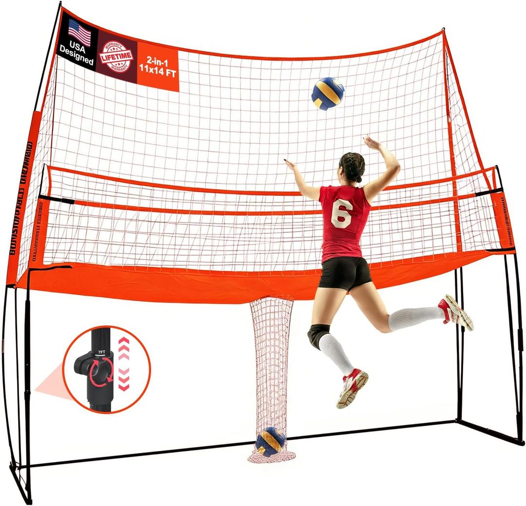 2-in-1 Volleyball Training Equipment, Adjustable Height Practice Net System with Ball Return, Portable Volleyball Net for Backyard Indoor Outdoor Hitting Serving Passing Drills, 6.5 to 8 FT