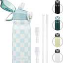 Insulated Water Bottle with Straw and Carry Loop,18 oz Stainless Steel Double Wall Vacuum Metal Water Flask with Leak-proof Lid,Blue White Plaid