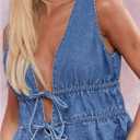 SHENHE Women's Deep V Neck Tie Bow Sleeveless Denim Mini Dress Summer Casual Jean Tank Dresses (M)