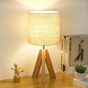 Small Table Lamp, Wooden Tripod Nightstand Lamp with Linen Fabric Shade, Cute Boho Modern Bedside Nightstand Lamp for Bedroom, Living Room, Nursery, Kids Room, Office, Dorm, Bulb Not Included (Beige)