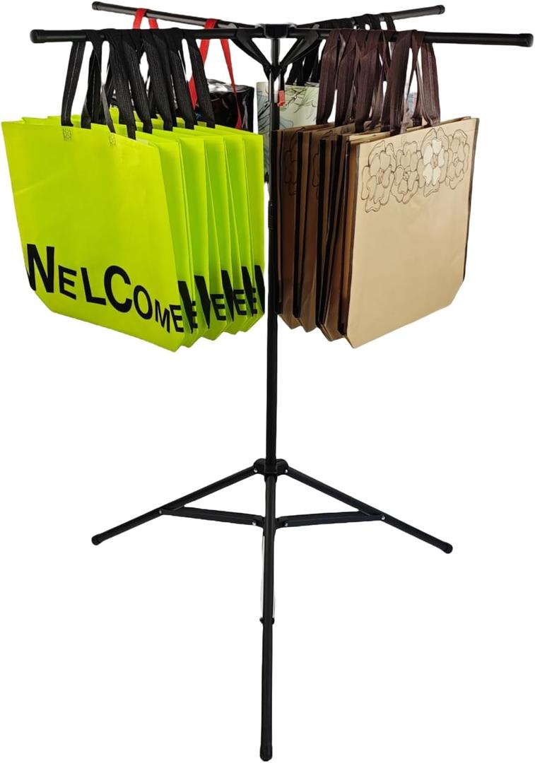 CozyNova Shopping Bag Rack: Adjustable Height & Base, Premium Metal Display Stand for Stores & Malls, Holds Up to 50lbs, Foldable & Space-Saving Design, Black