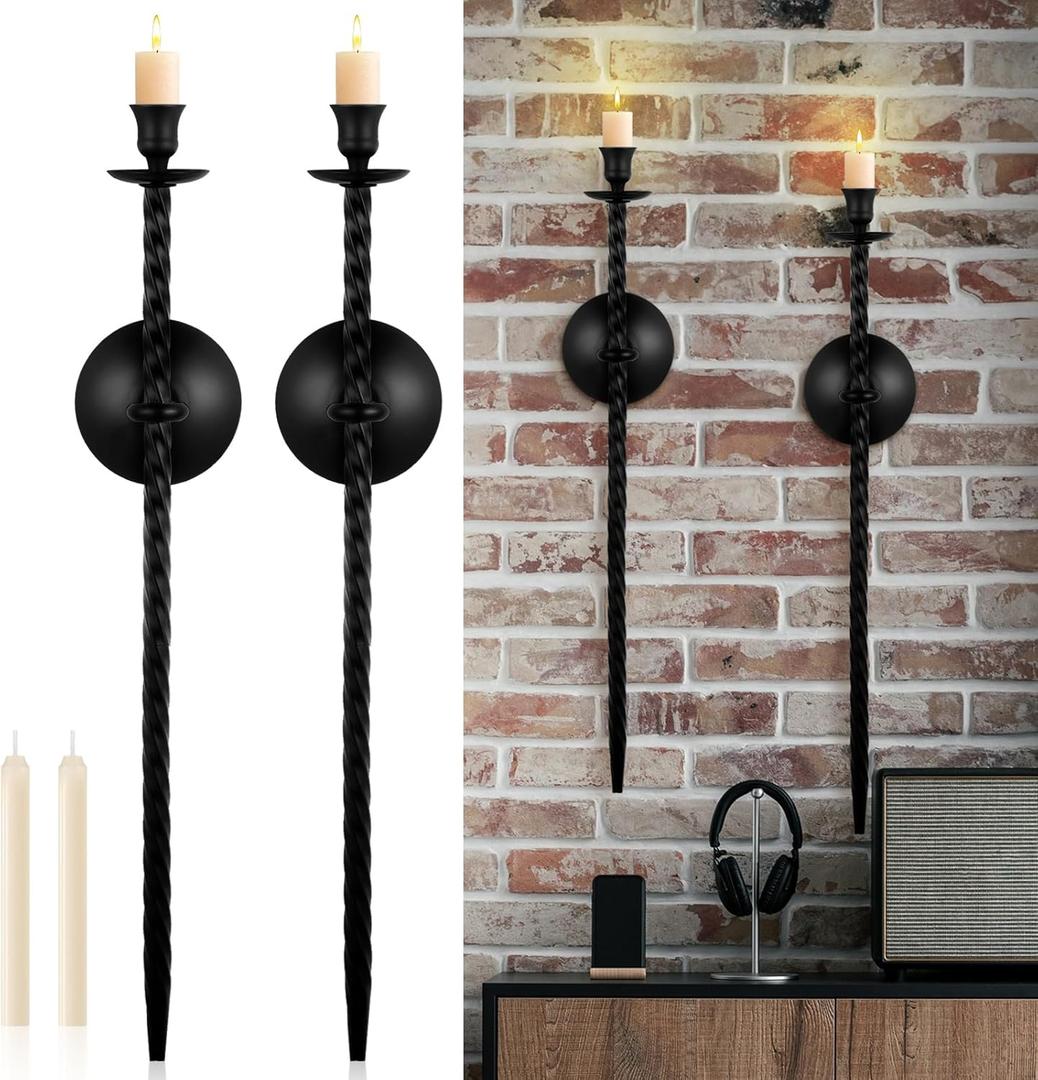 Tioncy 2 Set Twisted Candle Sconces Large Metal Wall Candle Sconces Holder with Wall Mount Black Modern Bracket Light for Fireplace Hallway Dining Room, Living Room(Black)