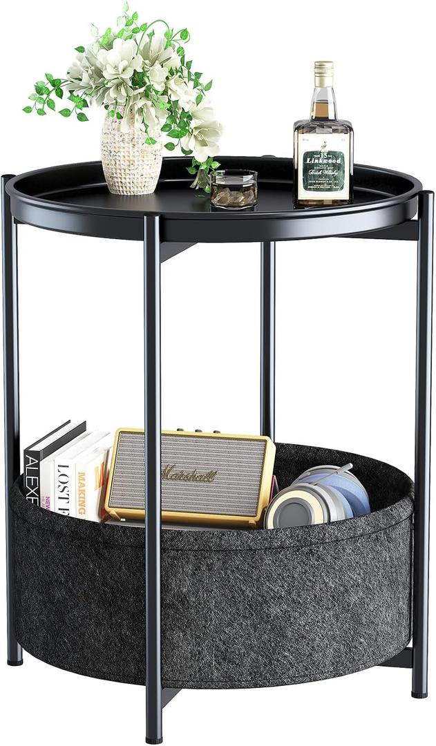 Garden 4 you Side Table with Fabric Storage Basket, Round Metal End Table, Small Bedside Table Nightstand with Removable Tray, for Nursery, Living Room, Bedroom, Bathroom, Black, 1 PC