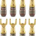 Nakamichi FanLock Excel Series 24k Gold Plated Spade Connector Banana Plug 10 AWG - 18 AWG Gauge Size 4mm for Speakers Amplifier Hi-Fi Home Theatre Wire Cable Quick Connector, 8 Pcs (4-Pairs)