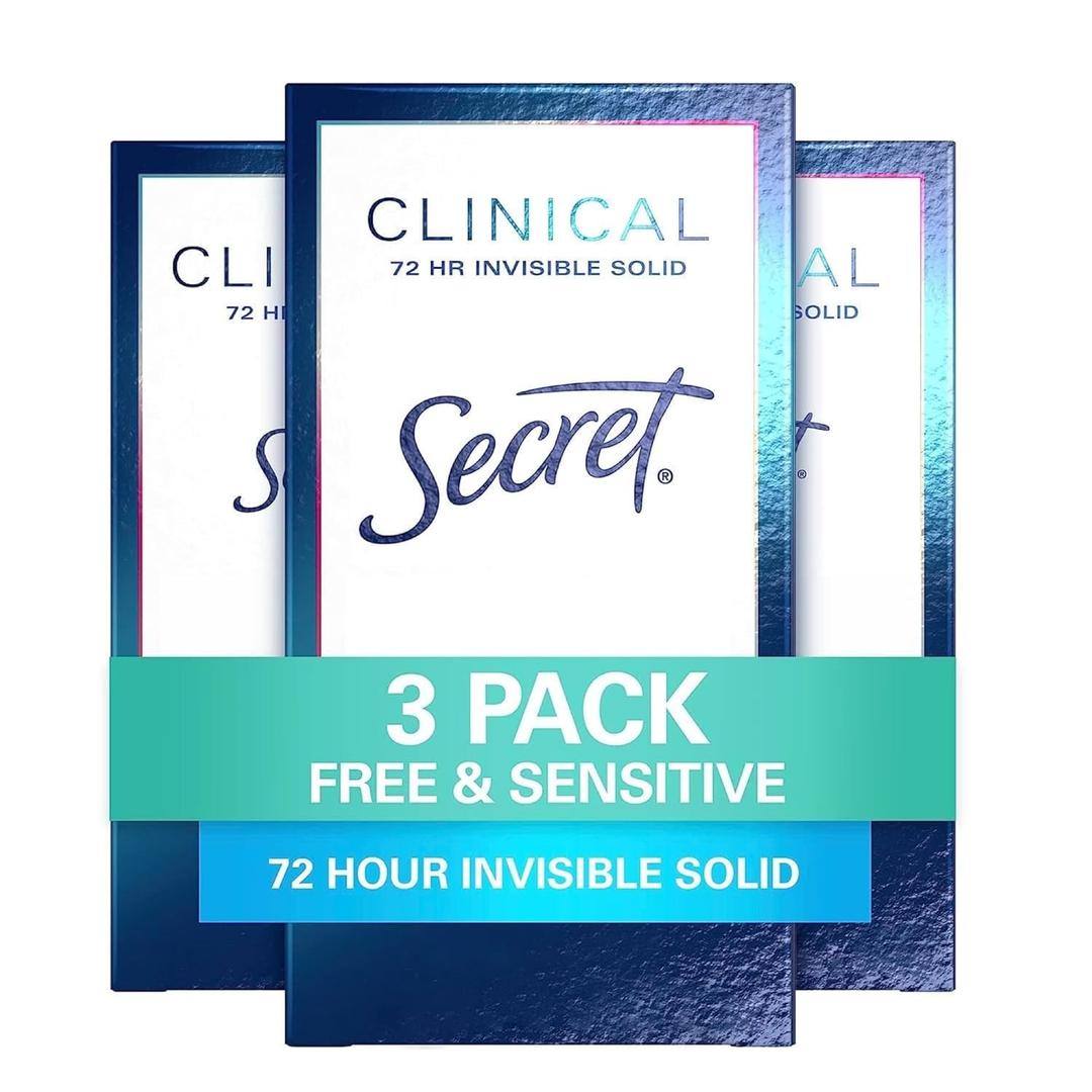 Secret Clinical Strength Antiperspirant Deodorant for Women, Free & Sensitive, 3X Stress Protection, 72hr Sweat & Odor Protection, PH Balancing Minerals, Invisible Solid, Unscented, 1.6 oz (Pack of 3) (1.6 Ounce (Pack of 3))