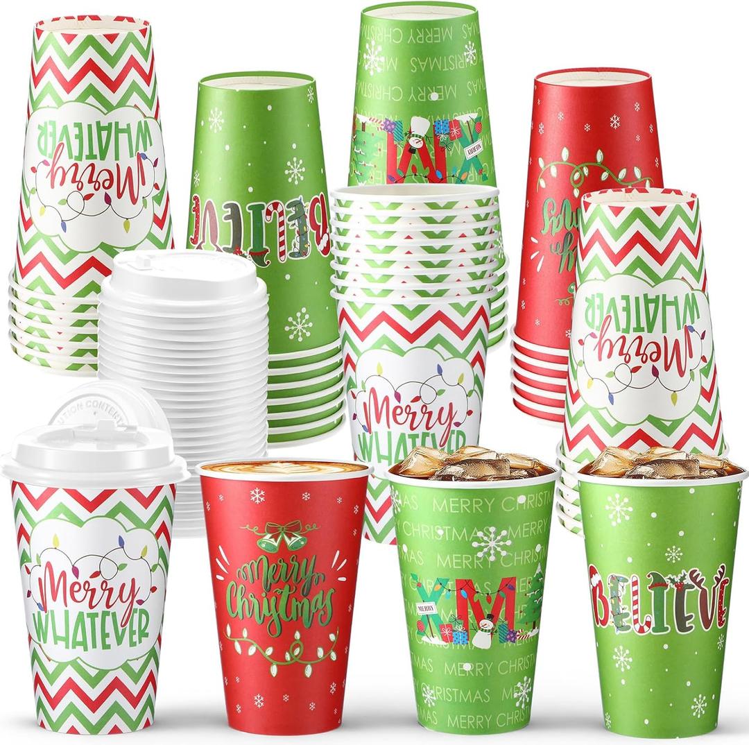 CHENGU 100 Set 16 Oz Christmas Disposable Coffee Cups with Lids Lime Green Christmas Paper Cups for Hot Cocoa Chocolate Tea Green Elf Holiday Xmas Dinner Party Supplies