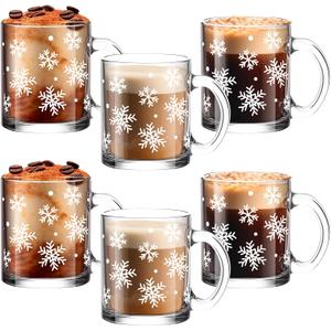Maxcheck 6 Pack 12 oz Christmas Snowflake Coffee Mugs Glass Cups Xmas Gifts Bulk Clear Drinking Wine Glasses with Handle for Xmas Party Supplies Decorations