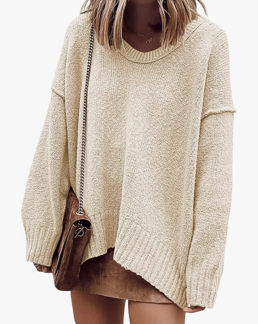 ANRABESS Women's Oversized Casual Loose Slouchy Scoop V Neck Batwing Long Sleeve Knit 2025 Fall Pullover Sweaters M Beige