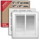 Fits 12x12 Duct Opening | Filter Included Steel Return Air Filter Grille by Handua [Removable Door] for 1-inch Filters | Vent Cover Filter Grill | White | Outer Dimensions: 14 5/8"W X 14 5/8"H
