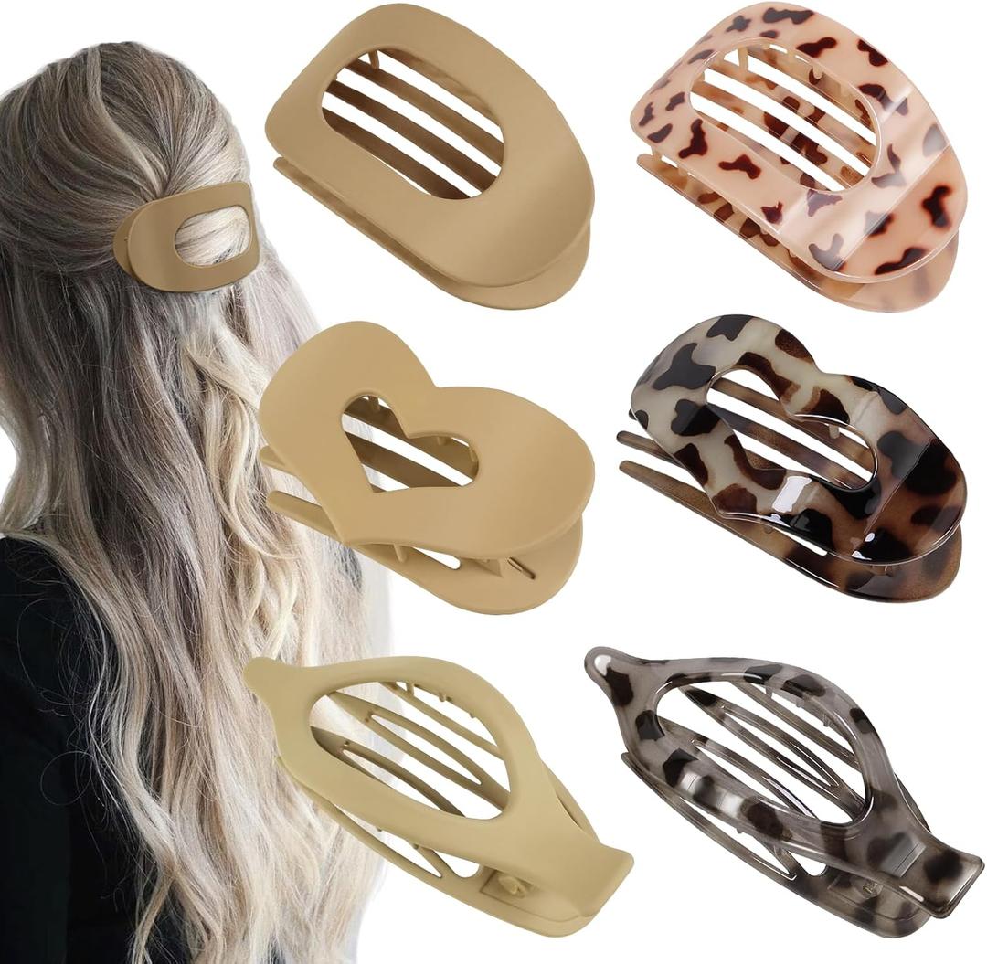 6pcs Flat Hair Clips for Women 3 Styles Ergonomic Curved Hair Claw Clips for Thick Thin Curly Hairs(Leopard), Set of 3