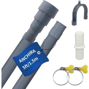 5 FT Washing Machine Drain Hose, Flexible Dishwasher Drain Hose Extension Kit, Universal Washer Drain Hose, Corrugated Washer Hose with 1 Adapter, 2 Hose Clamps, 1 U-Bend Hose Holder, Gray