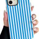Compatible with iPhone 12/12 Pro Case Cute Aesthetic Striped Phone Case for Women Girl Shockproof Slim TPU and Hard PC Protective Cover (Blue)