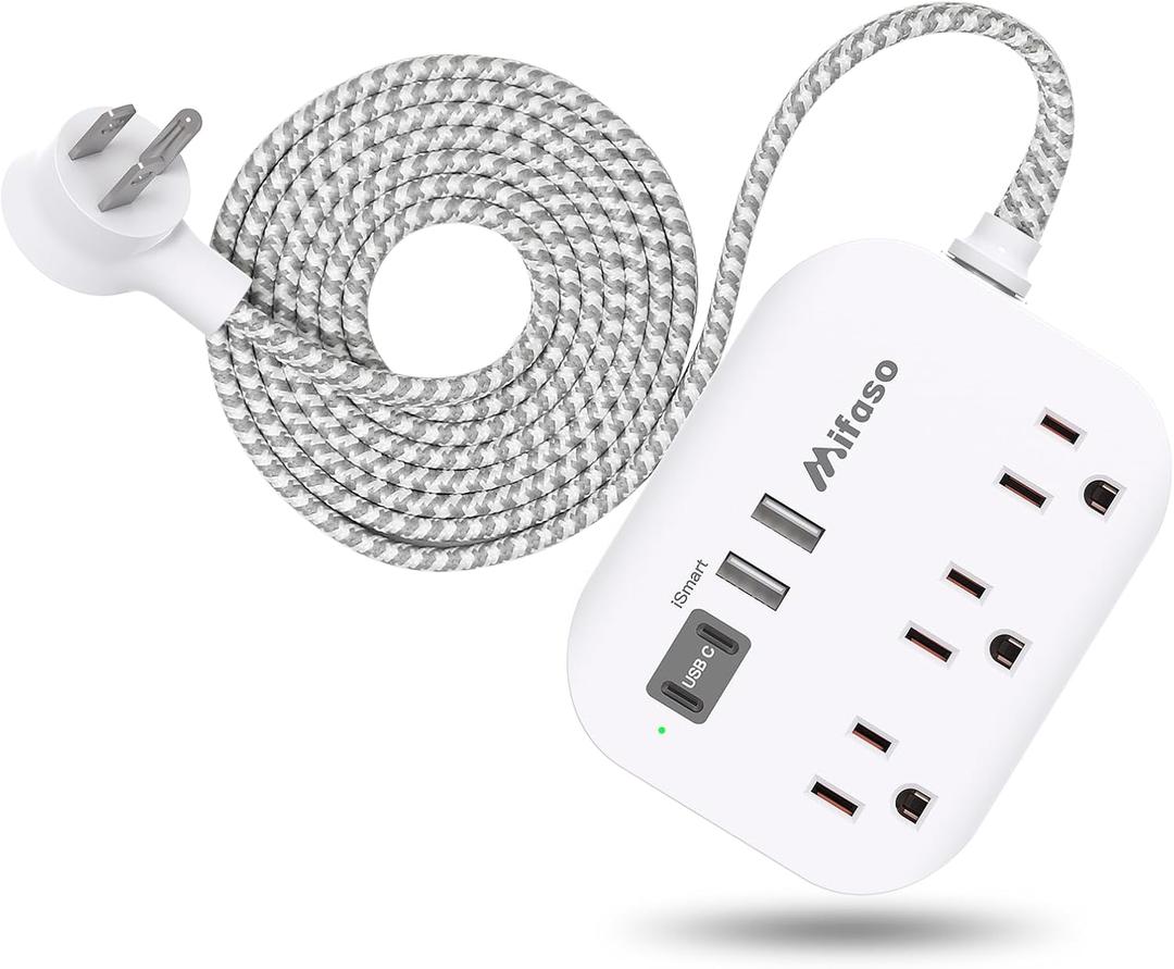 Cruise Ship Essentials - Mifaso Power Strip with USB Ports, 5Ft Flat Extension Cord with Multiple Outlets, USB Charging Station with Non Surge Protector for Cruise Ship, Travel, Dorm Room Essentials (White)