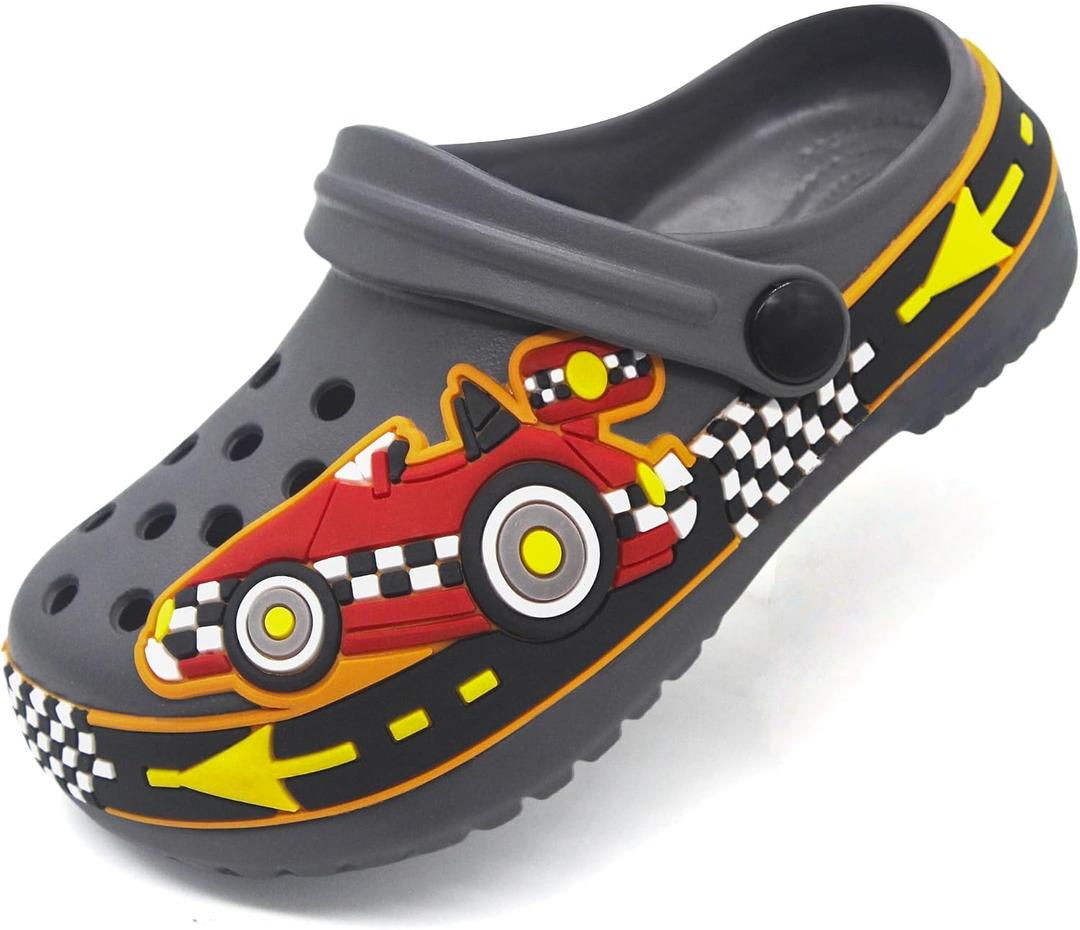 FolHaoth Toddlers Cute Cartoon Excavator Racecar Pattern Boys Girls Clogs Slip On Lightweight Breathable Kids Sandals Non Slip Indoor Outdoor Beach Pool Shower Slippers Shoes (Blue)