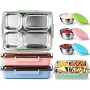 FoldTier 3 Pack Stainless Steel Lunch Boxes Includes 3 Lidded Condiment Cups, 4 Compartment Bento Box Set, Leakproof Lunch Container, Dishwasher Safe for Work, Office, Picnic, Travel(Assorted Colors)
