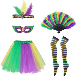 Heliltd 5pcs Mardi Gras Outfits for Women, Tutus Skirt, Feather Headband, Feather Fan, Glitter Mask, Mardi gras Socks for Women and Girls for Mardi Gras Party Multicolor