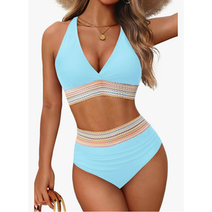 Women Tummy Control Two Piece Swimsuit - High Waisted Bathing Suit Halter Bikini Set Push Up Swimwear 2025, Size Medium