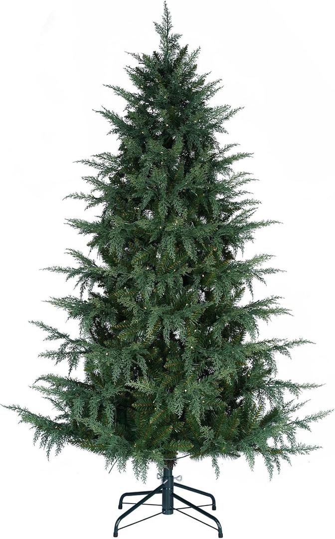 6FT Prelit Cedar Christmas Tree, 1718 Branch Tips, Realistic PVC+PE Material, 300 LED Warm White Lights, Hinged Design, Real Feel Touch, Artificial Christmas Tree Christmas Décor for Home, Office