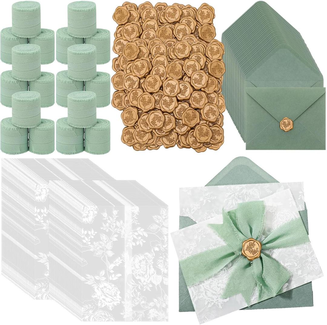 100 Set Wedding Invitation Wrap Set Pre Folded Vellum Jacket for 5x7 Invitations with Sage Green Envelope Gold Wax Seal Stickers Wedding Invitation Accessories Kit for Bridal Invite DIY Craft