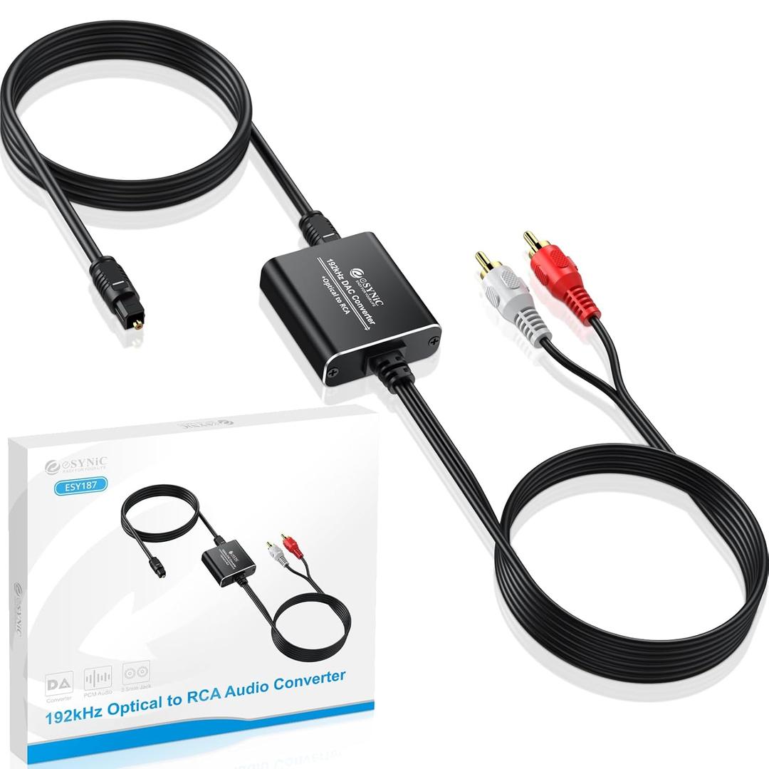 eSynic Portable Optical to RCA Adapter 7FT Long DAC Converter 192kHz/24bit Hi-Res Plug&Play Digital to Analog Audio Converter with Aluminum Shell for HDTV/Blu-ray/DVD[PCM Output Only - No Dolby]