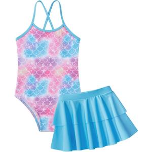 Vieille Little Girls Swimsuit Cute Kids Quick Dry Swimwear with Skirt 3-8 Years (5-6 Years, Mermaid)