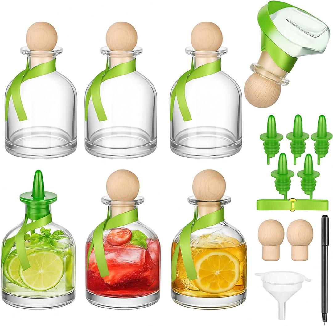 Baderke 6 Pcs 250ml/8oz Patron Shot Bottle Empty for Drinks Mini Reusable Filling Bottle with Sealing Stopper Pour Spouts Green Ribbon Labels for Wine Wedding Christmas Party Decoration