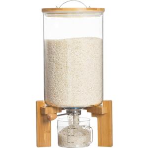 Rice Dispenser, Rice Storage Container, Flour and Cereal Container for Kitchen Organization and Pantry Store, Glass Cereal dispenser with Airtight Lid and Wooden Stand 8L