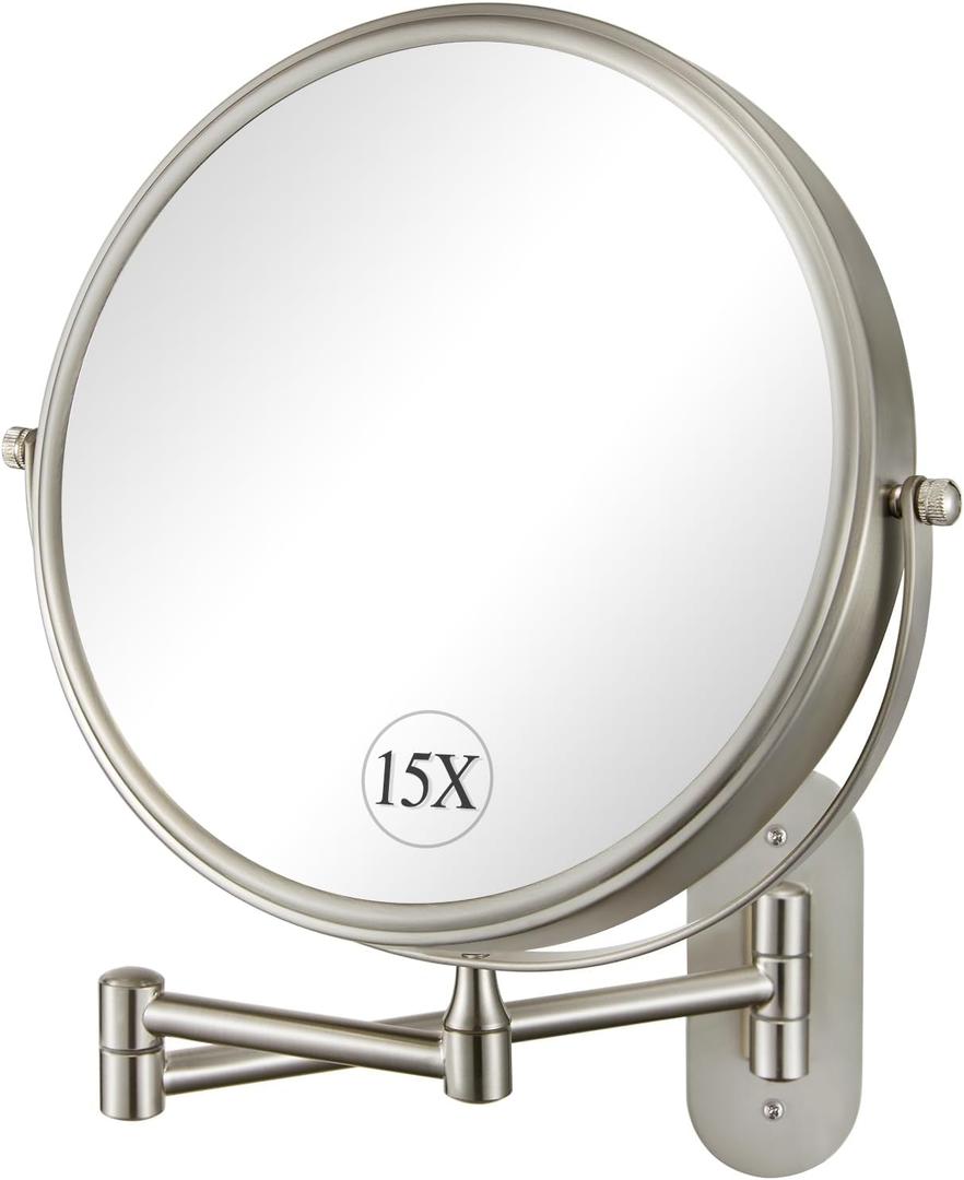 DECLUTTR 9 Inch Wall Mounted Makeup Mirror, 15X Magnification Double Sided Swivel Extendable Bathroom Mirror (Nickel)