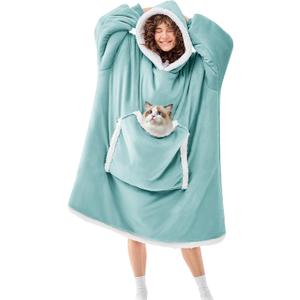 JOYWOO Oversized Wearable Blanket Hoodie,Cat lovers Long Hoodie Blanket for Adult,Birthday Gifts for Women Mom Friend,Cozy Sherpa Sweatshirt Hooded Blanket Giant Pocket Winter Gifts,Blue Gray Oversize
