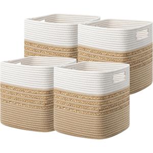 UBBCARE Set of 4 Storage Cubes 11 X 10.5 X 10.5 in, Water Hyacinth Storage Bins for Shelves, Toys, Book, Storage Baskets with Handles, Cotton Rope Woven Baskets for Organizing, Brown