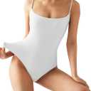 SUUKSESS Women Sexy Square Neck Thong Bodysuit Backless Cami Bodysuit Top (White, M)