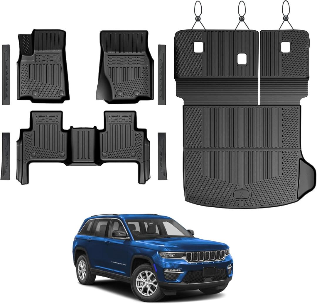 Floor Mats Set for 2022-2025 2026 Jeep Grand Cherokee WL74 (Incl 4XE, not for WK2 or L), All Weather TPE Backrest Trunk Mat Cargo Liner Door Sill Guards Accessories (WL74 | Floor Mats Set)