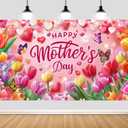 Mother's Day Backdrop Happy Mother's Day Party Decor Banner Supplies Heart-Shaped Balloon Floral Tulip Butterfly Pink Photography Backdrop,Holiday Wall Decor for Indoor Outdoor Garden Yard 7x5ft