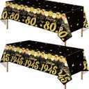 2pcs 80th Birthday Tablecloth, Black Gold 80th Birthday Decorations for Men Women Vintage 1945 Table Cloth Plastic Rectangular Table Cover Happy 80 Anniversary Party Supplies