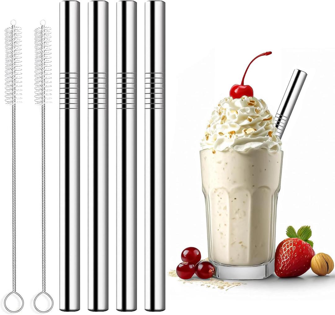 Stainless Steel Smoothie Straws, 0.4'' Extra Wide Reusable Metal Drinking Straws for Milkshake, Smoothie, Bubble Tea, Juice, Beverage, Set of 4 with 2 Cleaning Brush