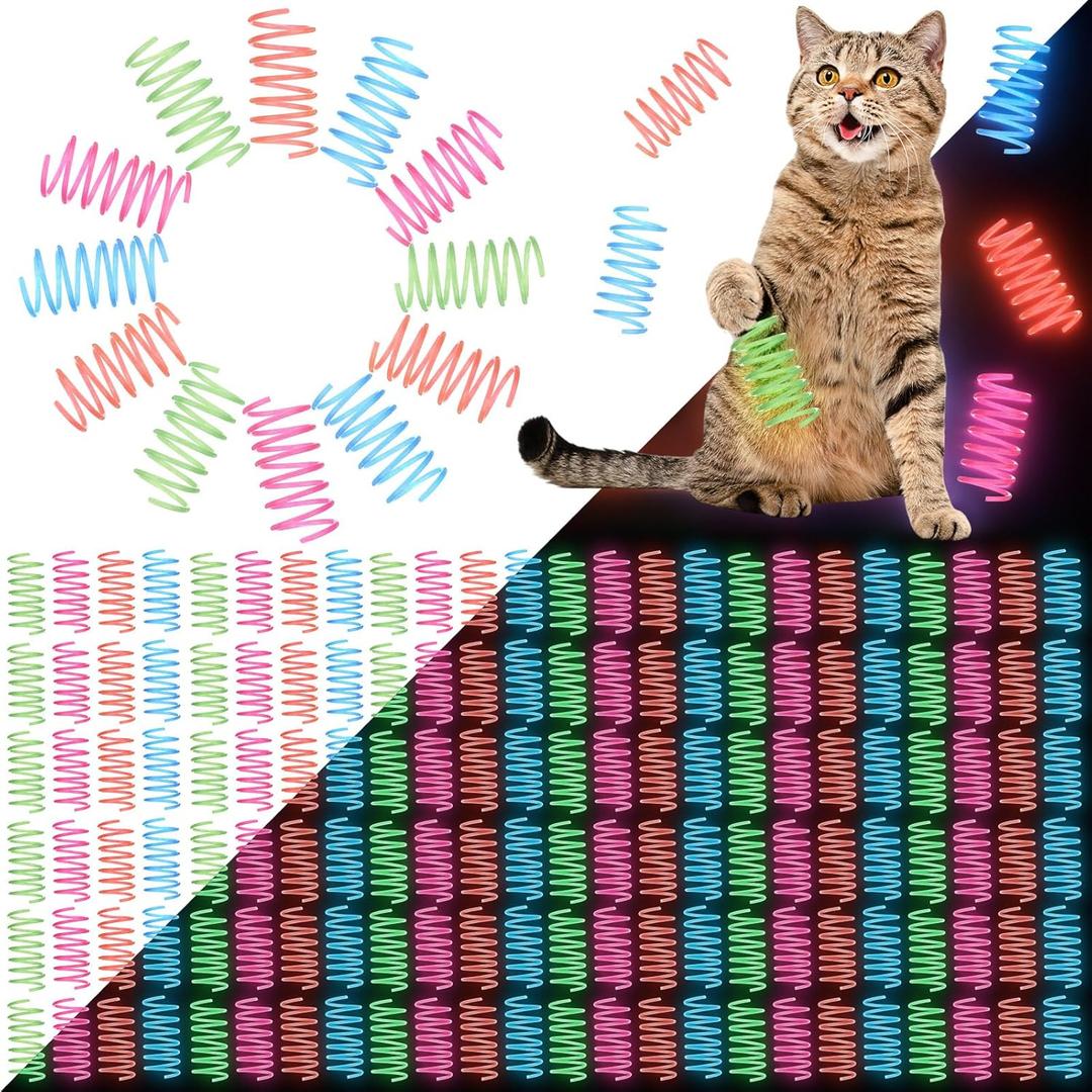 Sosation 200 Pcs Glow in The Dark Springs Cat Toys Kittens Wide Colorful Springs for Indoor Cats Jelly Color Plastic Coil Spiral Interactive Play Kitten Toys for Chase, Hunting and Exercise