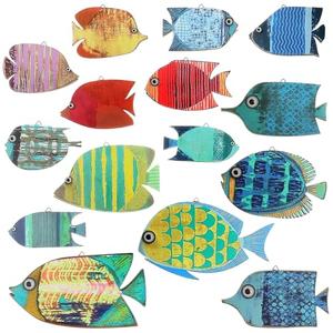 Spiareal 15 Pcs Wood Fish Nautical Wall Decor Wooden School of Fish Wall Art Vintage Hanging Beach Decor Ocean Coastal Theme Ornaments for Home Lake House Bathroom Bedroom (Cute)