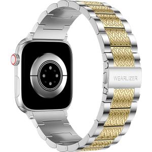 Wearlizer Stainless Steel Band Compatible with Apple Watch Band, Men Women, Zigzag Weave Durable Metal Strap for iWatch, Size: 38/40/41/42mm(Series 11 10), StarLight&Gold