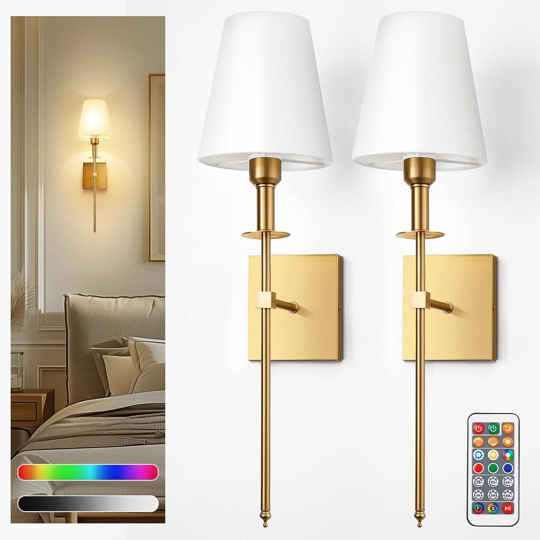 DORESshop Battery Operated Wall Sconce Set of 2, Gold Rechargeable Wall Lights Remote, Sconce Wall Decor Set of 2, 7 Colors Wireless Sconces for Bedroom Living Room Hallway (24.6 inch)