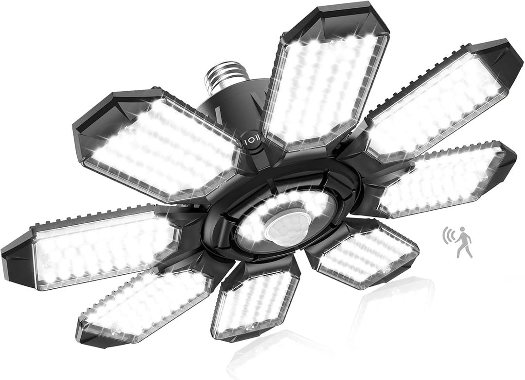 Motion Sensor Garage Light, 25000LM Motion Sensor Shop Light with 8+1 LED Panels, 6500K Daylight, Indoor Motion Activated Light Bulb for Garage, Workshop, Laundry Room, Utility Room (1 Pack)