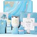 Self Care Get Well Soon Gifts for Women, Luxury Ocean Spa Gift Basket with Flannel Blanket - Unique Birthday Christmas Mother's Valentines Day Gifts for Mom Wife Girlfriend Best Friend Sister Her (Blue)