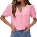 Newshows Womens Summer Cardigan Sweaters Lightweight Short Sleeve Button Down Shirts Ribbed Knit Blouse Tops 2024 Trendy (Pink, S)