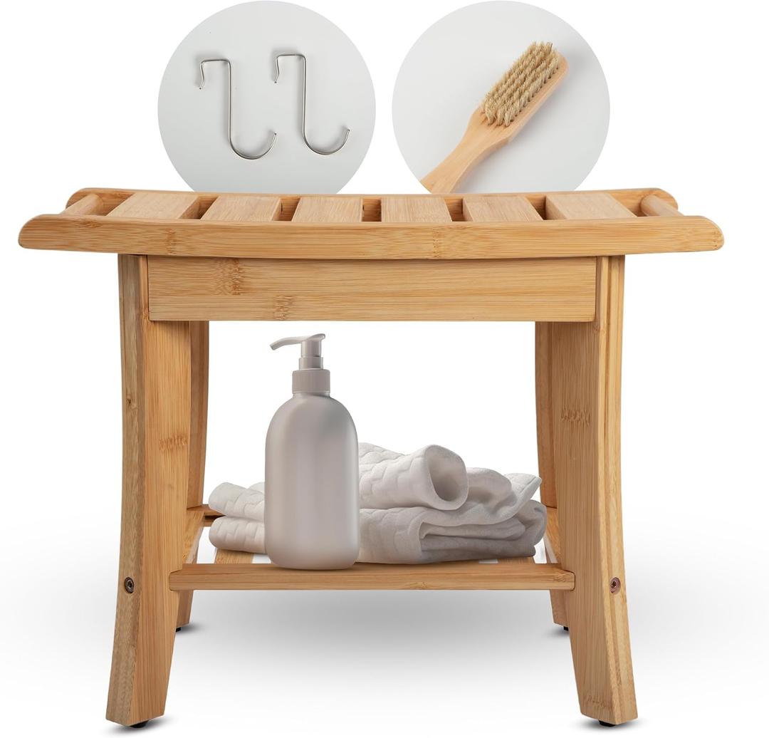 Bamboo Shower Stool Bench Waterproof with Storage Shelf, Includes 2 metal hanging hooks, 1 foot brush. Perfect for Shaving Legs or Spa Bath Seat in Bathroom & Inside Shower for Adults Seniors