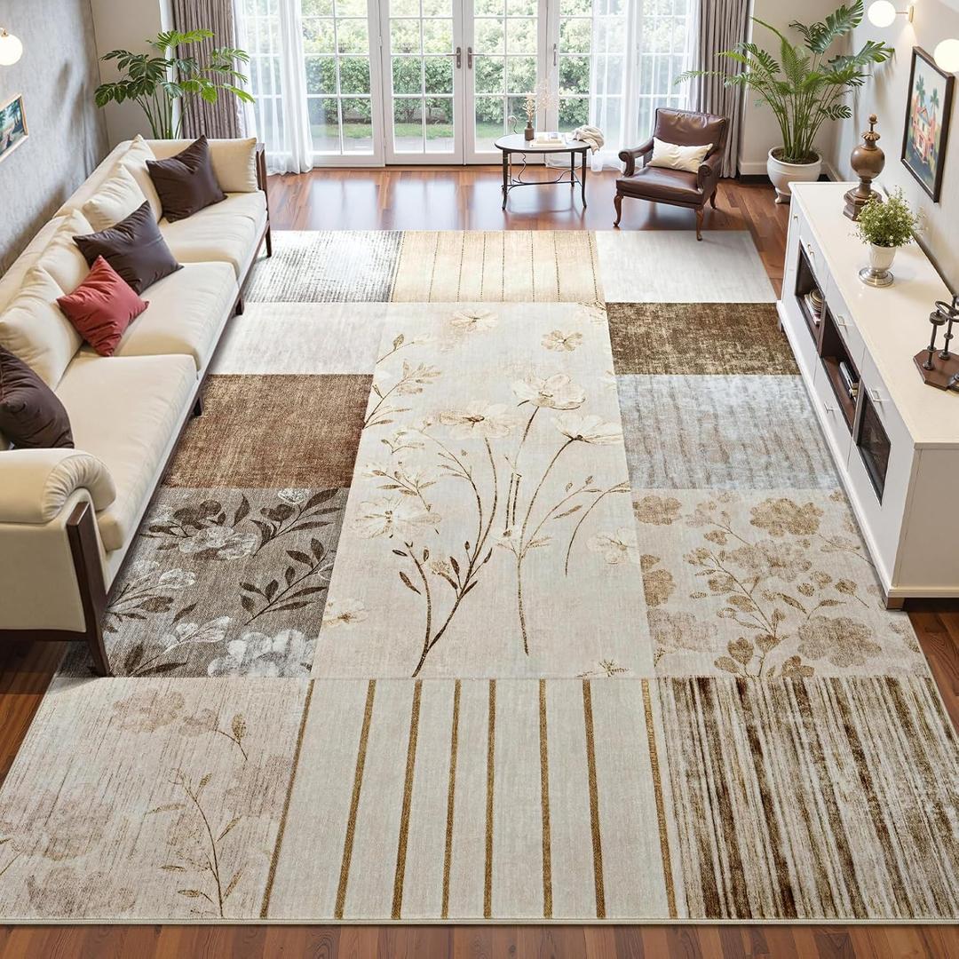 DweIke Washable 5x7 Area Rugs for Living Room, Soft Geometric Floral Bedroom Rug, Stain Resistant and Non-Slip Modern Throw Carpets for Office Nursery Dining Room Home Decor, Beige