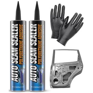 [Black] 2 Pack Professional Automotive Seam Sealer, Paintable Quick-Set Polyurethane Auto Body Seam Sealer for Metal Surfaces of Cars, Trucks, Etc, Includes Gloves & Tip - Black RV Roof Sealant