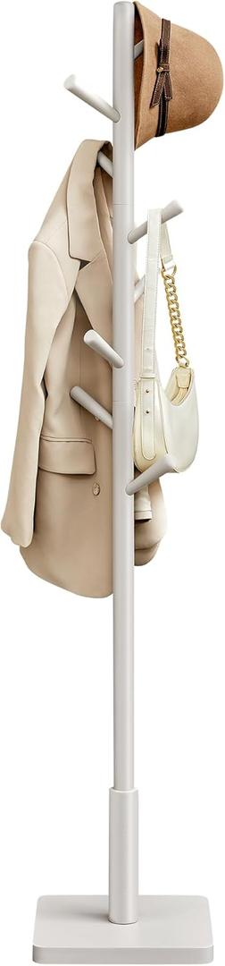 VASAGLE Solid Wood Coat Rack, Free Standing Hall Coat Tree with 8 Hooks, 3 Height Options, for Coats, Hats, Bags, Purses, for Entryway, Hallway, Rubberwood Hooks and Pole, Cappuccino Beige URCR010K01