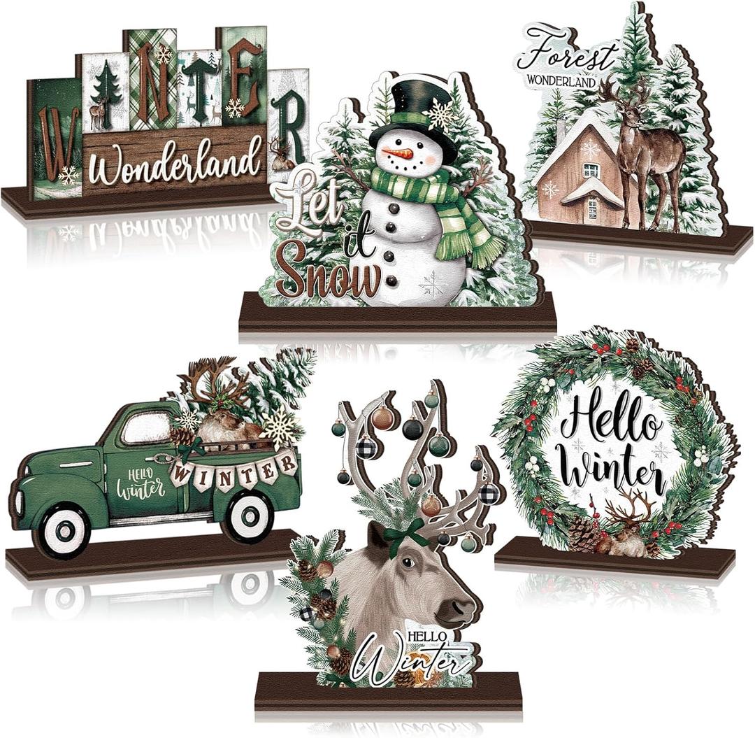 6 Pcs Winter Wonderland Wooden Table Decorations Christmas Wood Tabletop Sign Centerpiece Rustic Decorations for Office Farmhouse Home Decor