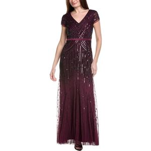 Adrianna Papell Women's Long Beaded V-Neck Dress with Cap Sleeves and Waistband (Size 4)