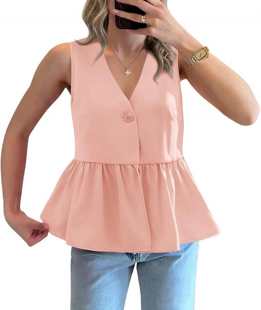 Tankaneo Womens V Neck Babydoll Tank Tops Peplum Ruffle Hem Sleeveless Shirts Summer Casual Button Down Flowy Tops Light Pink (Pink)