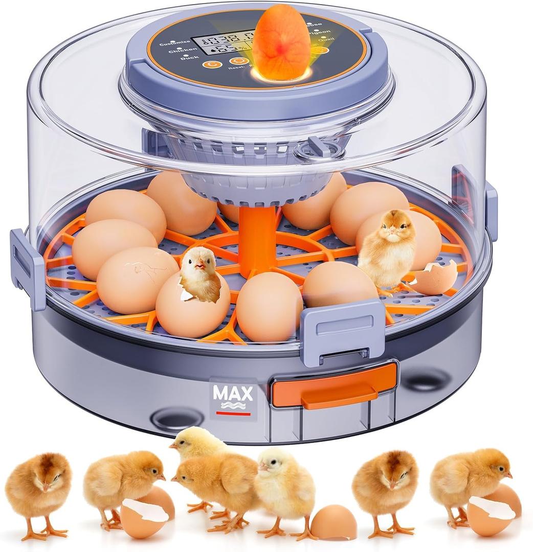 Automatic Egg Incubators for Hatching Eggs, 12 Egg Incubator with Automatic Egg Turning and Humidity Control, Egg Candler, 360 Viewing, Chicken Incubators for Hatching Chick, Duck, Quail, Goose Eggs